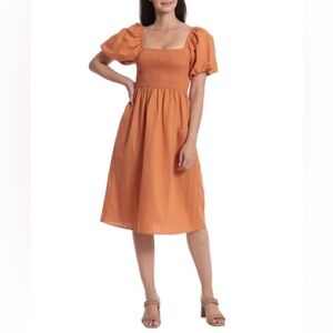 AVEC LES FILLES Smocked Puff-sleeve Dress In Sunset